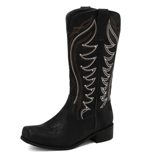 Cozivwaiy Klassische Cowboy-Stiefel für Damen Niedriger Absatz Western Ranch Stiefel Patchwork Mexikanische Stiefel Mittlere Wade zum Hineinschlüpfen von Cozivwaiy