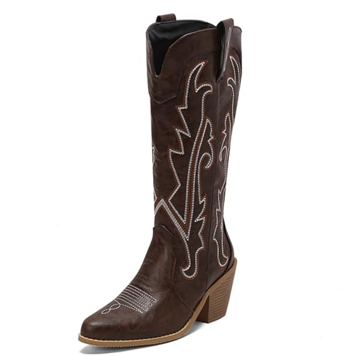 Cozivwaiy Retro Bestickter Cowboystiefel für Damen Pointed Toe Cowgirl Stiefel Halbschaft Westernstiefel Blockabsatz Vintage Stiefel High Heels Braun 39 von Cozivwaiy