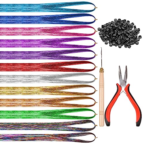 Cozlly 12 Farben Haar Lametta, 120 cm Hair Tinsel Glitter Glitzersträhnen für Haare, Glitter Hair mit Werkzeug, Hitzebeständig Glitzer Strähnen Haare für Frauen Mädchen Kinder Cosplay Party Zubehör von Cozlly