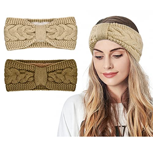 Cozlly 2 Stück Stirnbänder Gestrickte, Elastische Stirnband Damen Winter, Verdicken Haarband, Ohrenwärmer Kopfband Häkelarbeit Haarbänder für Damen/Frauen/Mädchen (Beige + Khaki) von Cozlly