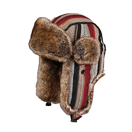 Cozomiz Wintermütze Warme Fliegermütze with Ohrenschützer für Herren Damen Fellmütze Kunstfell Russenmütze Pilotenmütze Hut Trappermütze Uschanka Streifen Rot Medium von Cozomiz