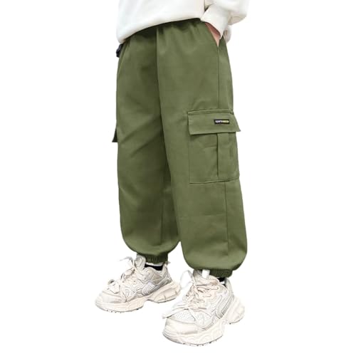 Cozozn Cargohose Jungen Jogginghose Kinder Cargo Hosen Baumwolle Freizeithose mit Elastischem Bund Grün Größe 146 (Herstellergröße 150) von Cozozn