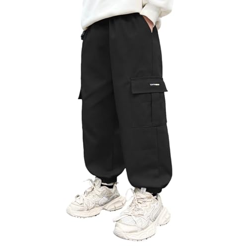 Cozozn Cargohose Jungen Jogginghose Kinder Cargo Hosen Baumwolle Freizeithose mit Elastischem Bund Schwarz Größe 128 (Herstellergröße 130) von Cozozn