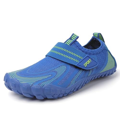 Cozozn Jungen Barfußschuhe Kinder Aquaschuhe Atmungsaktiv Traillaufschuhe Fitnessschuhe Schnell Trocknend Badeschuhe Klettverschluss, Blau Gr.35 von Cozozn