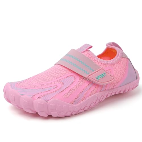 Cozozn Mädchen Barfußschuhe Kinder Aquaschuhe Atmungsaktiv Traillaufschuhe Fitnessschuhe Schnell Trocknend Badeschuhe Klettverschluss, Rosa Gr.28 von Cozozn