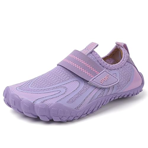 Cozozn Mädchen Barfußschuhe Kinder Aquaschuhe Atmungsaktiv Traillaufschuhe Fitnessschuhe Schnell Trocknend Badeschuhe Klettverschluss, Violett Gr.28 von Cozozn