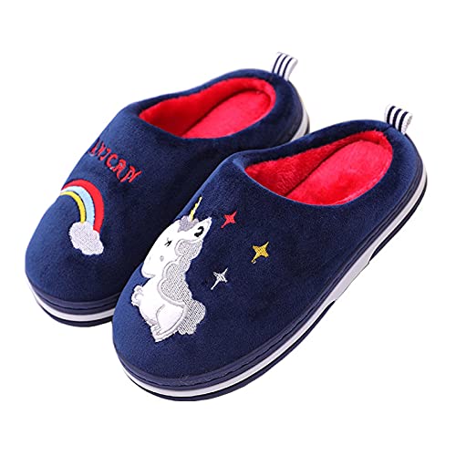 Hausschuhe kinder Mädchen Jungen Winter Wärme Plüsch Pantoffeln Indoor Home Rutschfeste Kuschelig Weite Leicht Cartoon Slippers, Einhorn Blau Rot, Größe 27/28 EU = 28/29 CN von Cozozn