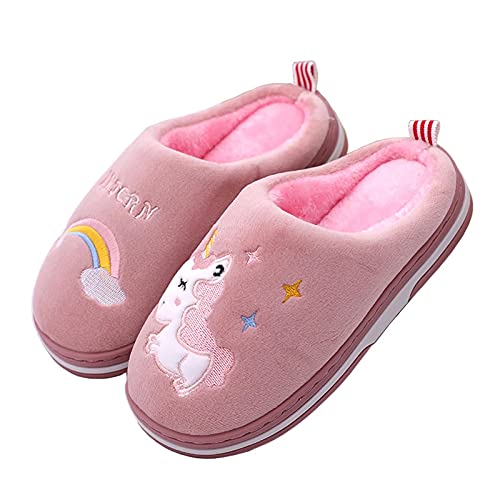 Hausschuhe kinder Mädchen Winter Wärme Plüsch Pantoffeln Indoor Home Rutschfeste Kuschelig Weite Leicht Cartoon Slippers, Einhorn Rosa Rot, Größe 25/26 EU = 26/27 CN von Cozozn