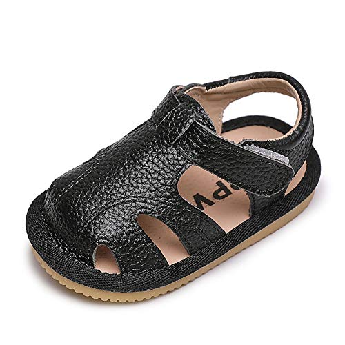 Cozozn Sandalen Baby Jungen Mädchen Weiches Leder Sommer Geschlossene Zehensandale Baby Jungen Mädchen Strand Innen Draussen Lauflernschuhe Schuhe Kleinkind 6-12 Monate,Schwarz von Cozozn