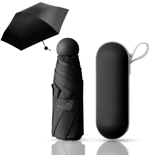 Coztie Kompakter Regenschirm, 6 Rippen Taschenschirm mit Kapsel Fall, Mini Reise Regenschirm Falten Reise für Männer Und Frauen Schwarz von Coztie
