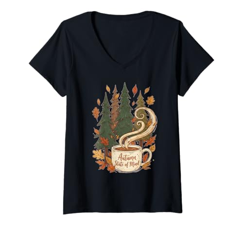 Damen Autumn State Mind Kuscheliges Herbstlaub, Kaffee, Pinien, Kunst T-Shirt mit V-Ausschnitt Damen Autumn State Mind Kuscheliges Herbstlaub, Kaffee, Pinien, Kunst T-Shirt mit V-Ausschnitt von Cozy Autumn Aesthetics