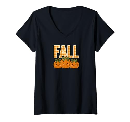 Damen Süßes Herbst-Kürbis-Design mit Gingham-Buchstaben T-Shirt mit V-Ausschnitt Damen Süßes Herbst-Kürbis-Design mit Gingham-Buchstaben T-Shirt mit V-Ausschnitt von Cozy Autumn Apparel
