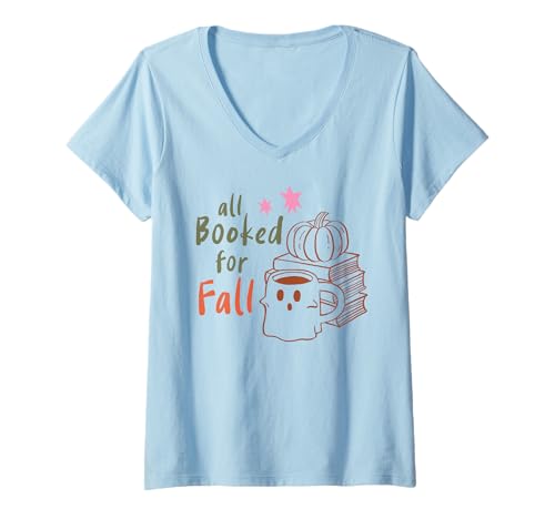 Damen All Booked for Fall Pumpkin Ghost Kaffeetasse Herbst Lesen T-Shirt mit V-Ausschnitt von Cozy Autumn Bookish Vibes Reading Lovers Apparel