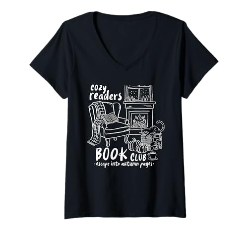 Damen Cozy Readers Book Club Herbst Katze Kürbisse Kaffee Fall niedlich T-Shirt mit V-Ausschnitt von Cozy Autumn Bookish Vibes Reading Lovers Apparel