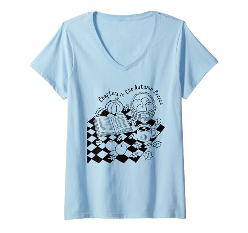 Damen Kapitel in der Herbstbrise: Lesen: Kürbis, Kaffee, Herbst T-Shirt mit V-Ausschnitt von Cozy Autumn Bookish Vibes Reading Lovers Apparel