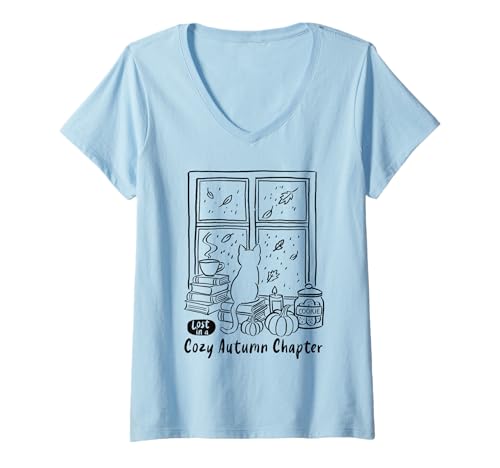 Damen Kuschelige Herbstkatze beim Lesen von Kaffee, Kürbissen, Plätzchen, niedlich T-Shirt mit V-Ausschnitt von Cozy Autumn Bookish Vibes Reading Lovers Apparel