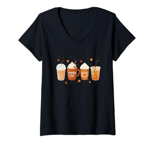 Damen Kürbisgewürz Kaffee Latte Herbst Halloween T-Shirt mit V-Ausschnitt von Cozy Autumn Collective