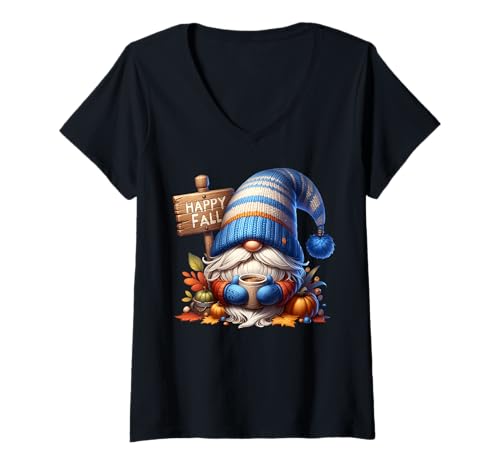 Damen Happy Fall Coffee GNOME with Hot Cocoa Mug and Autumn Vibes T-Shirt mit V-Ausschnitt Damen Happy Fall Coffee GNOME with Hot Cocoa Mug and Autumn Vibes T-Shirt mit V-Ausschnitt von Cozy Autumn Fall Must Haves For Coffee Lovers