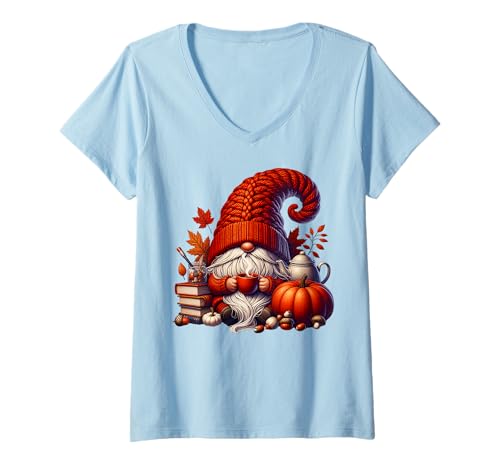 Damen Teacher Fall Book GNOME with Autumn Coffee Mugs for Fall T-Shirt mit V-Ausschnitt Damen Teacher Fall Book GNOME with Autumn Coffee Mugs for Fall T-Shirt mit V-Ausschnitt von Cozy Autumn Fall Must Haves For Coffee Lovers