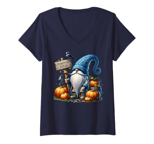 Damen Autumn GNOME with Pumpkin Patch Sign and Crows Fall Vibes T-Shirt mit V-Ausschnitt von Cozy Autumn Fall Must Haves For Gnome Lovers