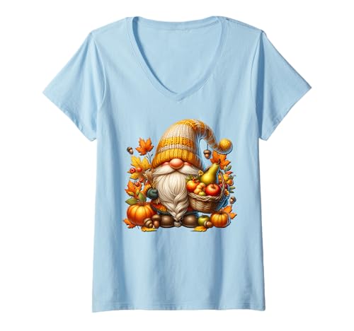 Damen Colorful Fall GNOME In Orange Knitted Sweater Thanksgiving T-Shirt mit V-Ausschnitt von Cozy Autumn Fall Must Haves For Gnome Lovers