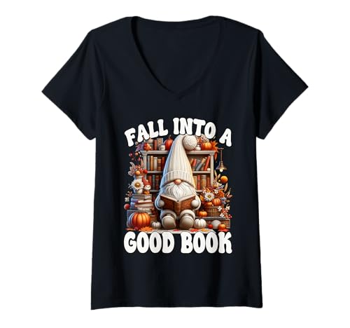 Damen Cute Fall Into A Good Book Lover GNOME Graphic for Bookworm T-Shirt mit V-Ausschnitt von Cozy Autumn Fall Must Haves For Gnome Lovers
