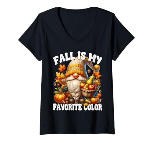 Damen Fall is My Favorite Color Thanksgiving GNOME with Fall Vibes T-Shirt mit V-Ausschnitt von Cozy Autumn Fall Must Haves For Gnome Lovers