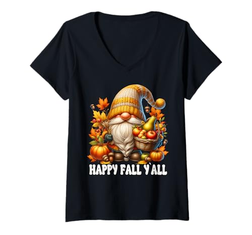 Damen Happy Fall Yall Cozy Autumn Stuff with Fall Pumpkin GNOME T-Shirt mit V-Ausschnitt von Cozy Autumn Fall Must Haves For Gnome Lovers