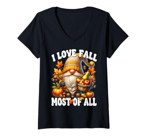 Damen I Love Fall Most of All Autumn Lover GNOME Graphic for Fall T-Shirt mit V-Ausschnitt von Cozy Autumn Fall Must Haves For Gnome Lovers