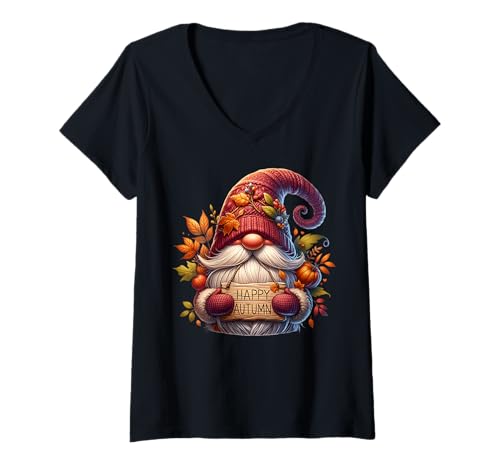 Damen Teacher Fall GNOME with Happy Autumn Sign and Fall Pumpkins T-Shirt mit V-Ausschnitt von Cozy Autumn Fall Must Haves For Gnome Lovers