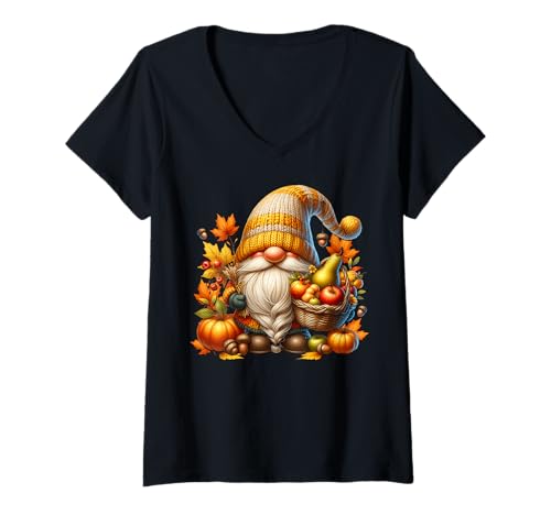 Damen Thankful Thanksgiving GNOME with Autumn Leaves Fall Pumpkins T-Shirt mit V-Ausschnitt von Cozy Autumn Fall Must Haves For Gnome Lovers
