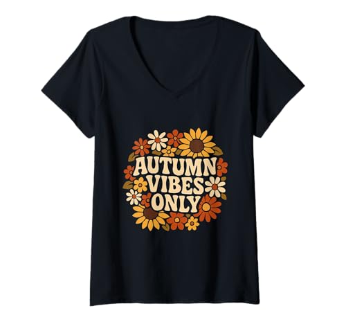 Damen Autumn Vibes Only Cozy Fall Leaves Saisonales Outfit T-Shirt mit V-Ausschnitt Damen Autumn Vibes Only Cozy Fall Leaves Saisonales Outfit T-Shirt mit V-Ausschnitt von Cozy Autumn Vibes Rustic Fall Apparel By Mj