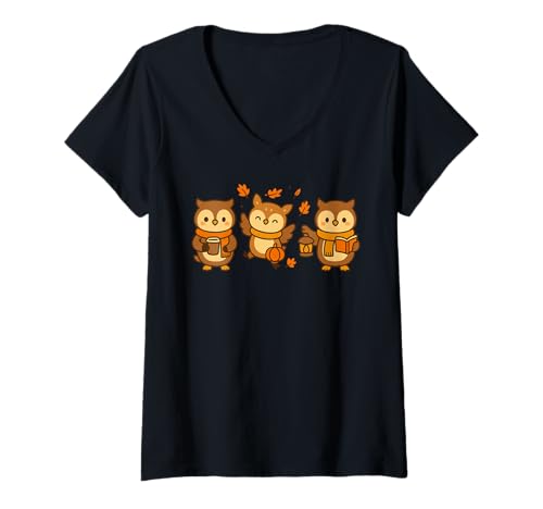 Damen Süße Eulen mit Kaffeekürbis und Büchern Herbstlaub T-Shirt mit V-Ausschnitt Damen Süße Eulen mit Kaffeekürbis und Büchern Herbstlaub T-Shirt mit V-Ausschnitt von Cozy Autumn Vibes