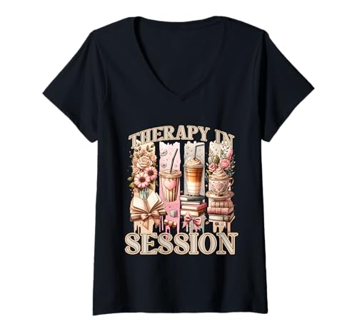 Damen Therapie in Sitzung Kaffee Bücher Floral Readers T-Shirt mit V-Ausschnitt Damen Therapie in Sitzung Kaffee Bücher Floral Readers T-Shirt mit V-Ausschnitt von Cozy Book Cafe Vibes for Book Lovers