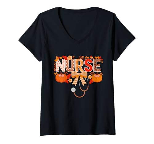 Damen Herbst Erntedank Kokette Krankenschwester Pflege Vibes T-Shirt mit V-Ausschnitt Damen Herbst Erntedank Kokette Krankenschwester Pflege Vibes T-Shirt mit V-Ausschnitt von Cozy Care Apparel