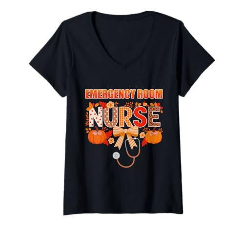 Damen Notaufnahme Krankenschwester Herbst Vibes Kokette Pflegekraf T-Shirt mit V-Ausschnitt Damen Notaufnahme Krankenschwester Herbst Vibes Kokette Pflegekraf T-Shirt mit V-Ausschnitt von Cozy Care Apparel
