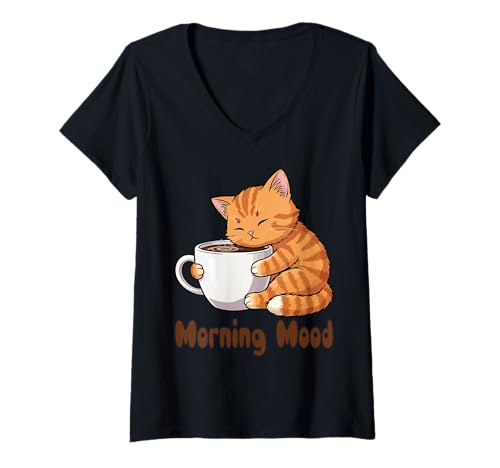 Damen Süße Katze Morgenstimmung Kaffeeliebhaber T-Shirt mit V-Ausschnitt von Cozy Cat Coffee Vibes Tee for Cat Lovers