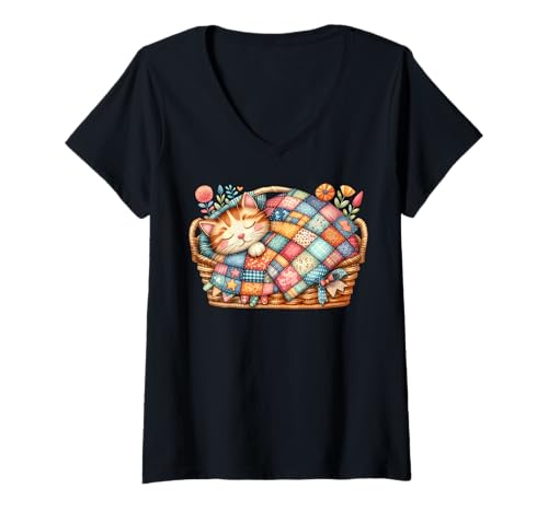 Damen Niedliche schlafende Katze im Steppkorb, gemütliches Tier-Design T-Shirt mit V-Ausschnitt Damen Niedliche schlafende Katze im Steppkorb, gemütliches Tier-Design T-Shirt mit V-Ausschnitt von Cozy Cat Quilt Lover Apparel Home And More