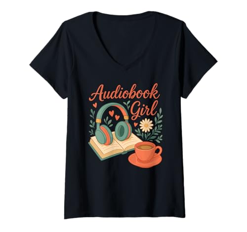 Damen Hörbuch Mädchen Cozy Book Kopfhörer Kaffee Lesen Liebe T-Shirt mit V-Ausschnitt Damen Hörbuch Mädchen Cozy Book Kopfhörer Kaffee Lesen Liebe T-Shirt mit V-Ausschnitt von Cozy Chapter Apparel