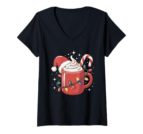 Damen Zuckerstange Kakaotasse Weihnachtsbeleuchtung Nikolausmütze Kinder Frauen T-Shirt mit V-Ausschnitt von Cozy Christmas Cocoa Mug with Candy Cane & Lights