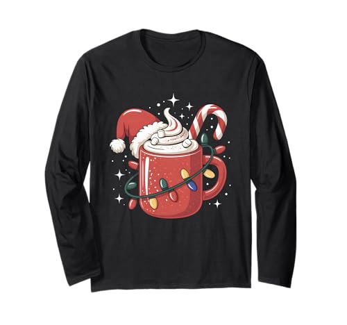 Zuckerstange Kakaotasse Weihnachtsbeleuchtung Nikolausmütze Kinder Frauen Langarmshirt von Cozy Christmas Cocoa Mug with Candy Cane & Lights
