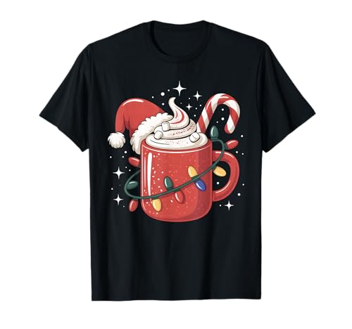 Zuckerstange Kakaotasse Weihnachtsbeleuchtung Nikolausmütze Kinder Frauen T-Shirt von Cozy Christmas Cocoa Mug with Candy Cane & Lights