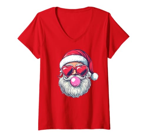 Damen Santa Bubble Gum Ballon Weihnachten Frauen Mädchen Lustig Xmas T-Shirt mit V-Ausschnitt von Cozy Christmas Men Women Apparel Clothes Ideas