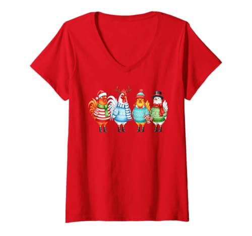 Damen Weihnachten Huhn Lustiger Hahn Vogel Männer Frauen Kinder Xmas T-Shirt mit V-Ausschnitt von Cozy Christmas Men Women Apparel Clothes Ideas
