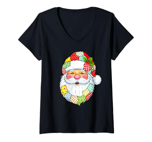 Damen Weihnachten Weihnachtsmann Patchwork Vintage Männer Frauen Kinder Xmas T-Shirt mit V-Ausschnitt Damen Weihnachten Weihnachtsmann Patchwork Vintage Männer Frauen Kinder Xmas T-Shirt mit V-Ausschnitt von Cozy Christmas Men Women Apparel Clothes Ideas