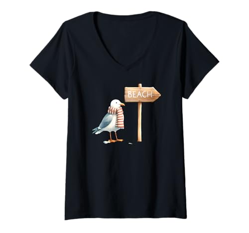 Damen Möwe mit rotem Schal Küstenszene T-Shirt mit V-Ausschnitt von Cozy Coastline Apparel Home And More Company