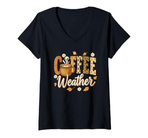 Damen Coffee Weather Fall Cozy Mug Retro Graphic T-Shirt mit V-Ausschnitt Damen Coffee Weather Fall Cozy Mug Retro Graphic T-Shirt mit V-Ausschnitt von Cozy Coffee Season Co.