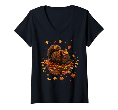 Damen Herbst Eichhörnchen Kunst Gemütlich Herbst Blätter Wald Tier Grafik T-Shirt mit V-Ausschnitt Damen Herbst Eichhörnchen Kunst Gemütlich Herbst Blätter Wald Tier Grafik T-Shirt mit V-Ausschnitt von Cozy Fall Autumn Animals Designs