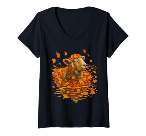Damen Herbst-Schaf Kunst Herbst Blätter Serene Farm Tier Grafik T-Shirt mit V-Ausschnitt Damen Herbst-Schaf Kunst Herbst Blätter Serene Farm Tier Grafik T-Shirt mit V-Ausschnitt von Cozy Fall Autumn Animals Designs