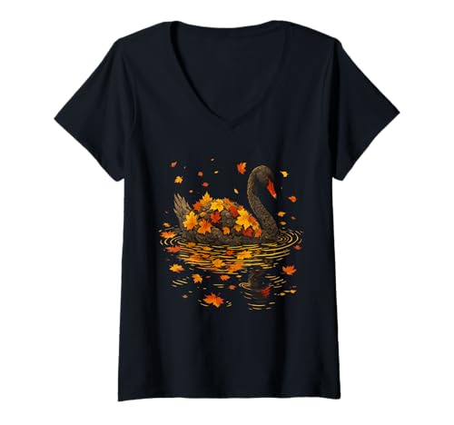Damen Herbst Schwan Art Cozy Fall Leaves Forest Animal Graphic T-Shirt mit V-Ausschnitt Damen Herbst Schwan Art Cozy Fall Leaves Forest Animal Graphic T-Shirt mit V-Ausschnitt von Cozy Fall Autumn Animals Designs